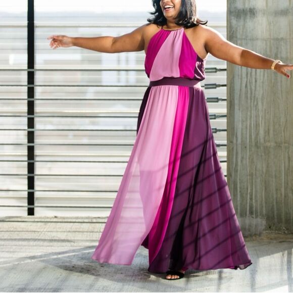 Eva Mendes for NY & Co High Neck Color Block Maxi Dress in Maroon & Pink - XL - Picture 2 of 7